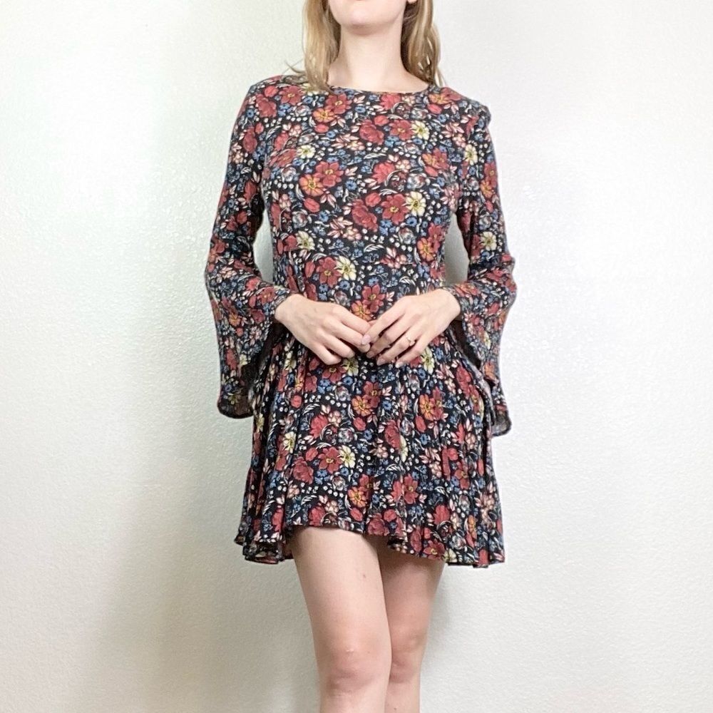 American Eagle Black Floral Flared Bell Sleeve Mini Dress
